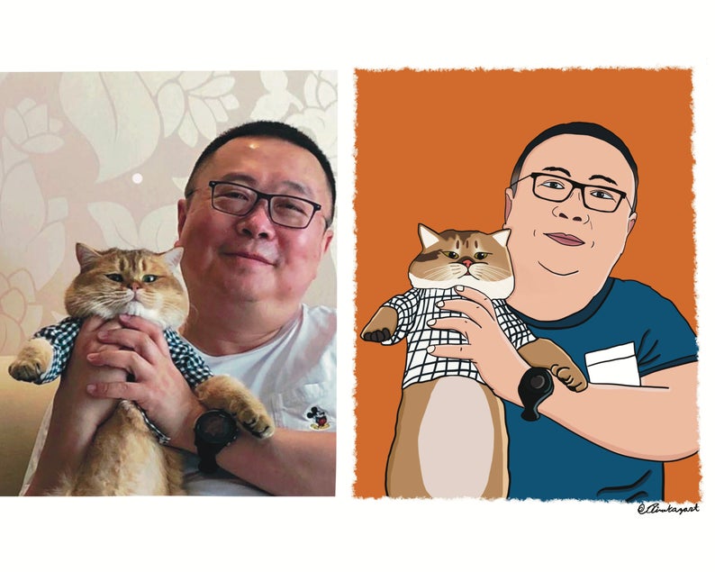 Father's Day Custom Portrait illustration (Cat, Dog, Puppy, Kitty) Anniversary Gift ( Digital Only, print or stretched Canvas)