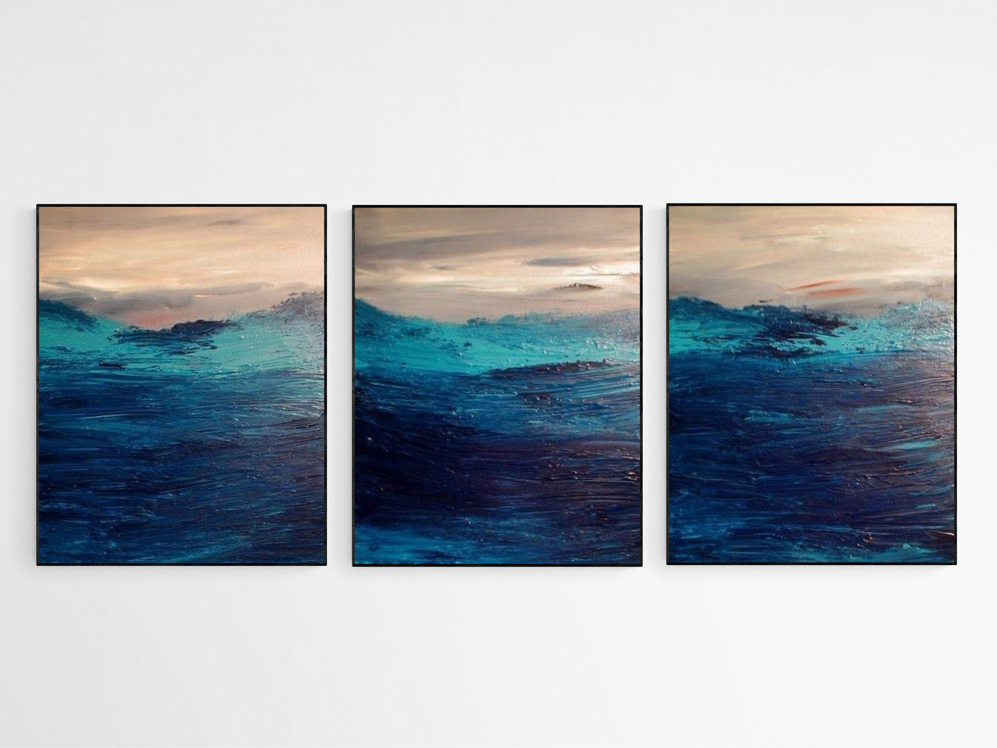 Large Seascape Triptych, Set of 3 Original Modern Paintings, Ocean Painting Abstract, Ready to Hang, Living Room Art, Hand Painted Art
