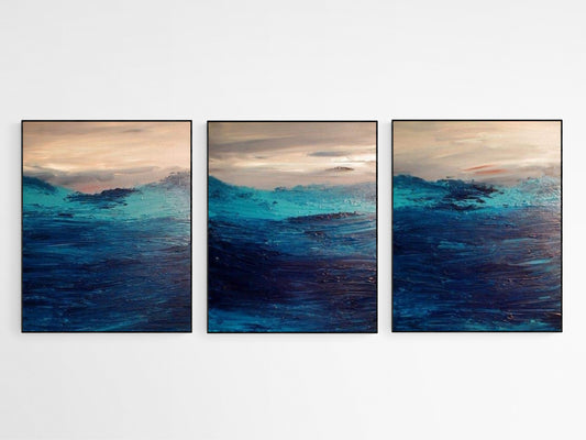 Large Seascape Triptych, Set of 3 Original Modern Paintings, Ocean Painting Abstract, Ready to Hang, Living Room Art, Hand Painted Art