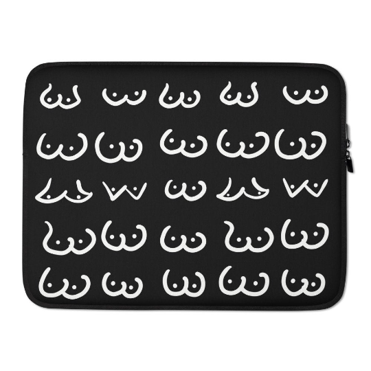 White line art boobies on  Black Background, Laptop Case, LGBTQ Gift, Boobie Lover Gift, Boobs Merch, Feminist Art, Boobs Gifts, 13 inch laptop case, 15 inch laptop case