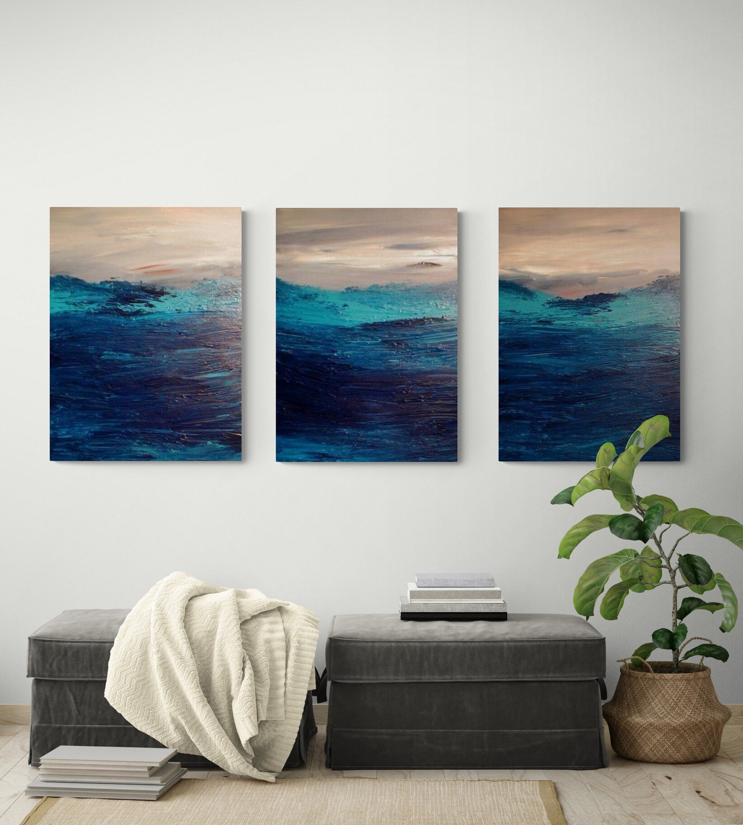 Large Seascape Triptych, Set of 3 Original Modern Paintings, Ocean Painting Abstract, Ready to Hang, Living Room Art, Hand Painted Art