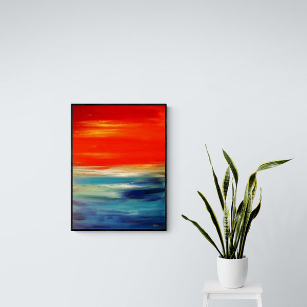 Calming Abstract Painting, Hand Painted Art, Expressionistic Living Room Wall Art, Orange skies Painting, Hand Painted by Rina Kaavchinski