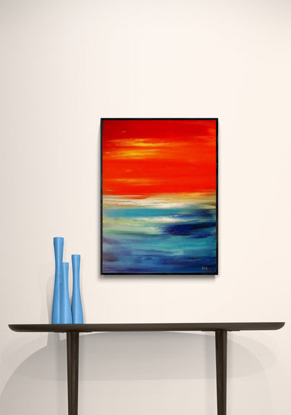 Calming Abstract Painting, Hand Painted Art, Expressionistic Living Room Wall Art, Orange skies Painting, Hand Painted by Rina Kaavchinski