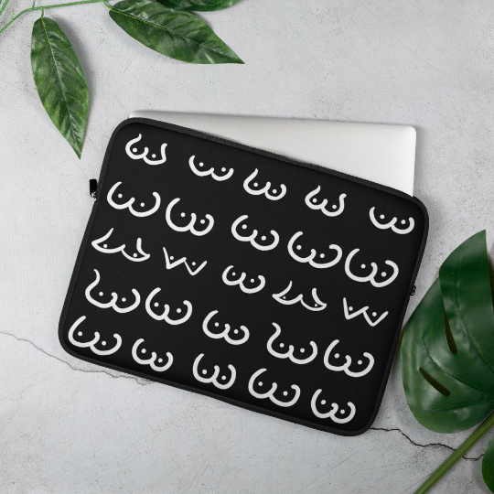White line art boobies on  Black Background, Laptop Case, LGBTQ Gift, Boobie Lover Gift, Boobs Merch, Feminist Art, Boobs Gifts, 13 inch laptop case, 15 inch laptop case